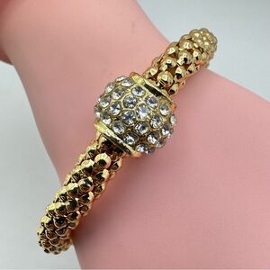 Gold Tone Textured Beaded Stretch Bracelet Crystal Pave Charm Statement